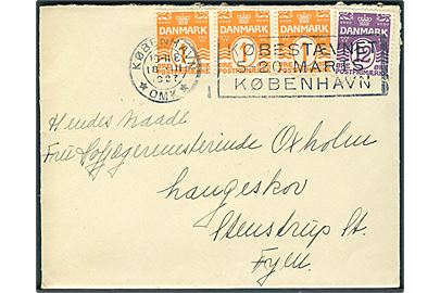 1 øre (3-stribe) og 12 øre Bølgelinie på brev fra København d. 18.3.1927 til Hofjægermesterinde Oxholm, Langeskov pr. Stenstrup St.