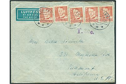 30 øre Fr. IX (5) på underfrankeret luftpostbrev fra Hillerød d. 20.5.1955 til Piedmont, USA. Dansk portostempel: T. (20) c..