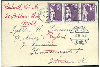 10 øre Thorvaldsen (3) på brev fra København d. 8.12.1938 til sømand ombord på S/S Nancy via rederiet J. Lauritzen i København - eftersendt til Bristol, England.