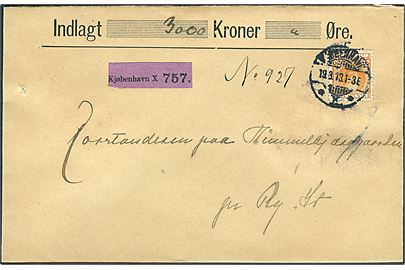 35 øre Fr. VIII single på værdibrev fra Kjøbenhavn d. 19.3.1913 til Ry St.