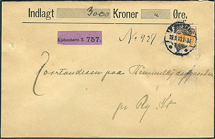 35 øre Fr. VIII single på værdibrev fra Kjøbenhavn d. 19.3.1913 til Ry St.