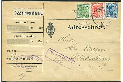 5 øre, 10 øre og 20 øre Chr. X på adressebrev for pakke fra Kjøbenhavn d. 5.7.1918 til Ærøskjøbing. Rammestempel: Paa Afsenderens Risiko..