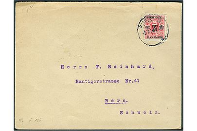 27/7 øre Provisorium single på overfrankeret brev fra Kjøbenhavn d. 2.7.1919 til Bern, Schweiz. Afs. bortklippet.