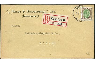 70 øre Chr. X single på anbefalet brev fra Kjøbenhavn d. 14.6.1921 til Basel, Schweiz.