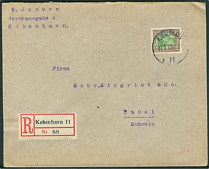 70 øre Chr. X single på anbefalet brev fra Kjøbenhavn d. 17.6.1922 til Basel, Schweiz.