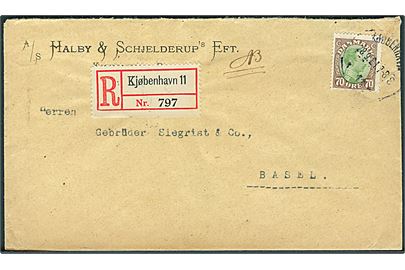 70 øre Chr. X single på anbefalet brev fra Kjøbenhavn d. 28.9.1921 til Basel, Schweiz.