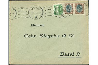 10 øre Genforening og 25 øre Chr. X i parstykke på brev fra København d. 12.9.1921 til Basel, Schweiz.