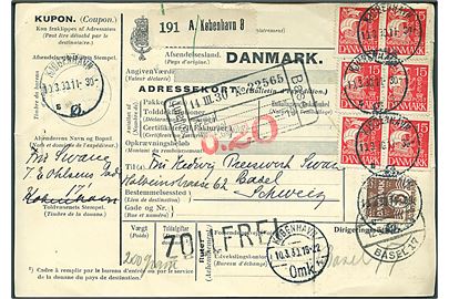 5 øre Bølgelinie og 15 øre Karavel (6) på 95 øre frankeret internationalt adressekort for pakke fra København d. 10.3.1930 til Basel, Schweiz.