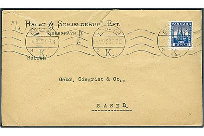 40 øre Genforening single på brev fra København d. 4.9.1922 til Basel, Schweiz.