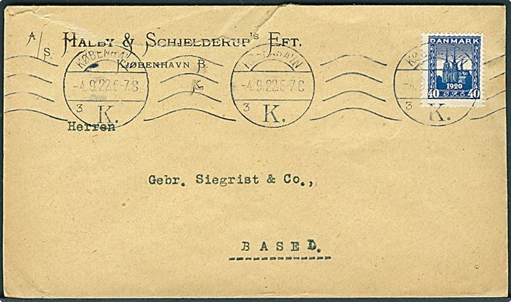 40 øre Genforening single på brev fra København d. 4.9.1922 til Basel, Schweiz.