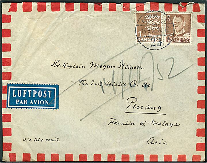 55 øre Fr. IX og 1 kr. Rigsvåben på luftpostbrev fra København d. 15.9.1952 til Penang, Malaya.