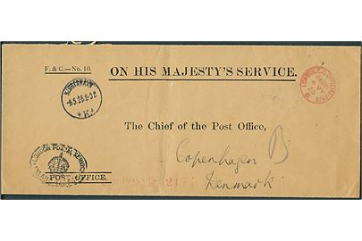 Ufrankeret OHMS kuvert fra Post Office med rødt stempel London E.C. Official Paid d. 4.5.1925 til København, Danmark.