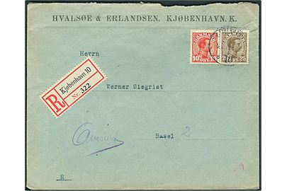 10 øre og 25 øre Chr. X på anbefalet brev fra Kjøbenhavn d. 5.7.1918 til Basel, Schweiz.