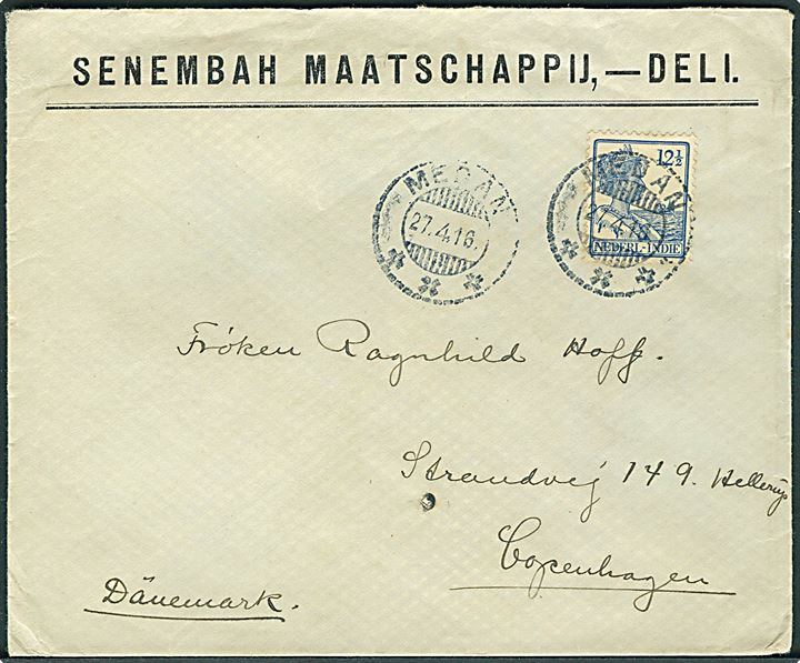 12½ c. på brev fra Madan d. 27.4.1916 til København, Danmark. Uden censur.