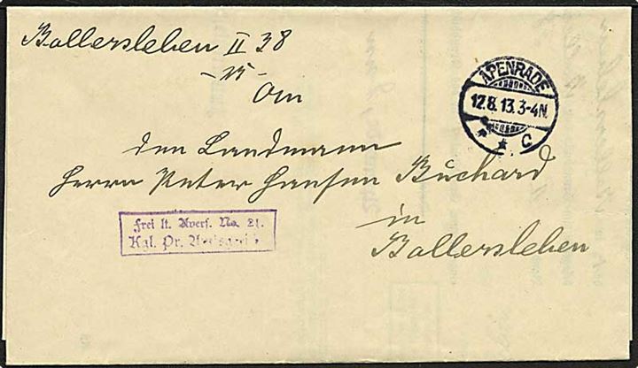 Ufrankeret tjenestebrev stemplet Apenrade **c d. 12.8.1913 til Bollersleben. På bagsiden lukkeoblat: Königl. Preuss. Amtsgericht Apenrade