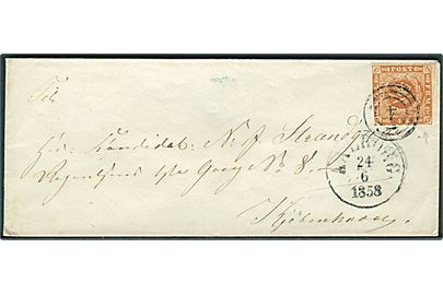 4 sk. 1854 udg. på brev annulleret med nr.stempel 4 og sidestemplet antiqua Aalborg d. 24.6.1858 til Kjøbenhavn.