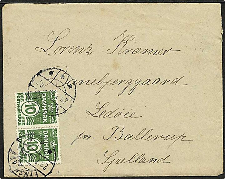 10 øre Bølgelinie (2) på brev stemplet Fynshav d. 29.7.1924 til Ledøie pr. Ballerup.