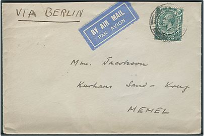 4d George V på luftpostbrev med svagt stempel d. 9.7.1931 til Kurhaus Sand Krug, Memel. Påskrevet via Berlin. Transitstemplet Berlin d. 10.7.1931 og ank.stemplet Kleipeda d. 11.7.1931.