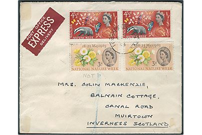 Komplet sæt National Nature Week (2) på FDC sendt som ekspres fra London d. 16.5.1963 til Inverness, Scotland.