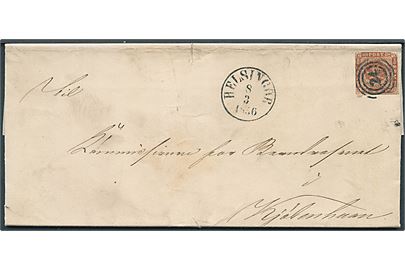 4 sk. 1854 udg. på brev annulleret med nr.stempel 24 og sidestemplet antiqua Helsingør d. 8.3.1856 til Kjøbenhavn.