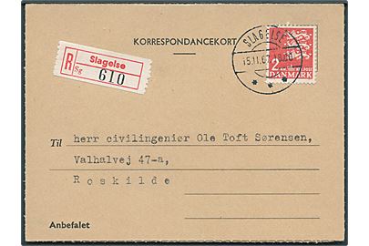 2 kr. Rigsvåben single på korrespondancekort sendt anbefalet fra Slagelse d. 15.11.1967 til Roskilde.