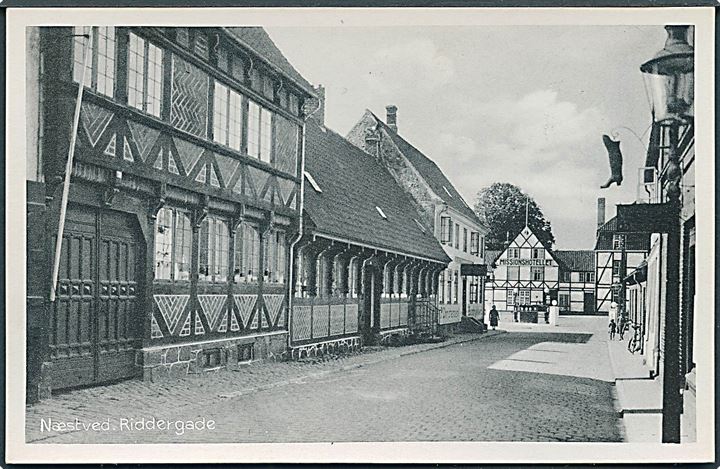 Riddergade i Næstved. Missionshotellet ses i bunden af Riddergade. Stenders, Næstved no. 174.