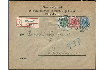 5 øre, 10 øre og 20 øre Fr. VIII på 35 øre frankeret anbefalet brev fra Kjøbenhavn d. 29.8.1908 til Bremen, Tyskland.