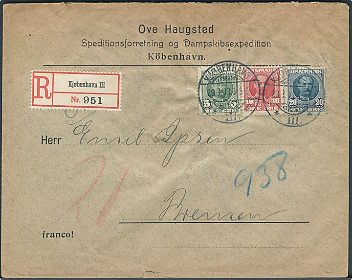 5 øre, 10 øre og 20 øre Fr. VIII på 35 øre frankeret anbefalet brev fra Kjøbenhavn d. 29.8.1908 til Bremen, Tyskland.