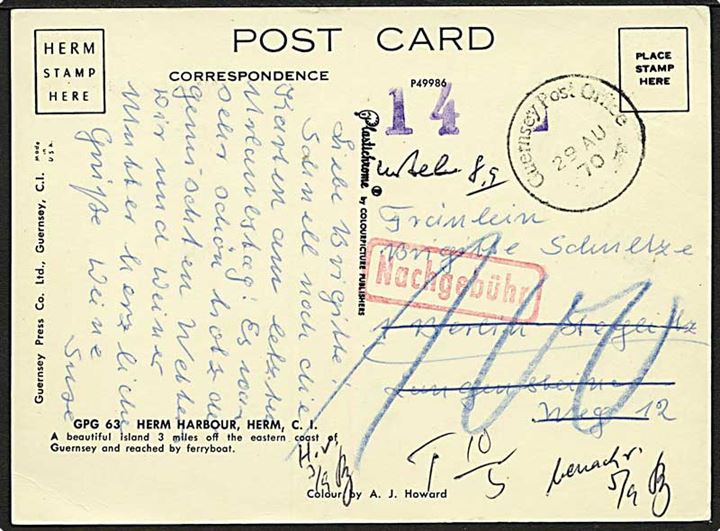 Ufrankeret brevkort fra Herm sendt via Guernsey Post Office d. 29.8.1970 til Berlin, Tyskland. Udtakseret i 100 pfg. Porto.