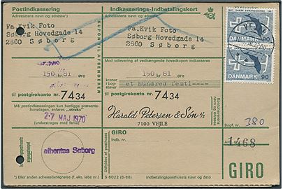 90 øre Dansk Sømandskirke i parstykke på retur Indkasserings-Indbetalingskort fra Vejle d. 15.5.1970 til Søborg. 2 arkivhuller. 