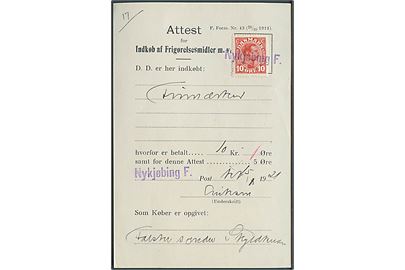 10 øre Chr. X annulleret med kontorstempel Nykjøbing F. på Attest for Indkøb af Frigørelsesmidler m.v. - F. Form. Nr. 43 (28/10 1919) fra Nykjøbing F. d. 15.1.1921.