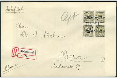 27/1 øre Provisorium i fireblok på anbefalet brev fra Kjøbenhavn d. 3.3.1919 til Bern, Schweiz. Påskrevet AfsF.