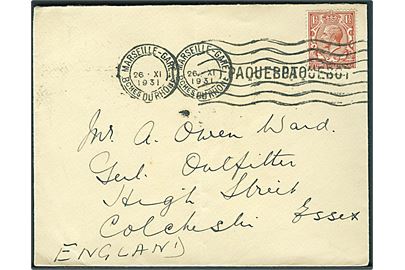 1½d George V på fortrykt rederikuvert annulleret med fransk skibsstempel Marseille-Gare / Paquebot d. 26.11.1931 til Colchester, England.