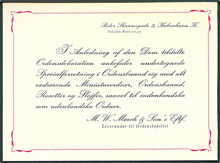 6 øre Bølgelinie single på tryksag fra København d. 31.5.1950 til Randers. Indeholder regning og brochure fra firma M.W.Mørch & Søn's Eftf. - Specialforretning i Ordensbaand o.l.