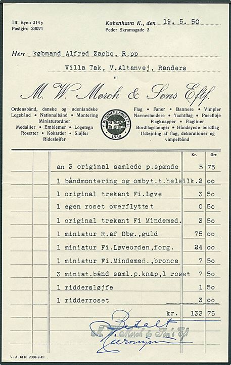 6 øre Bølgelinie single på tryksag fra København d. 31.5.1950 til Randers. Indeholder regning og brochure fra firma M.W.Mørch & Søn's Eftf. - Specialforretning i Ordensbaand o.l.