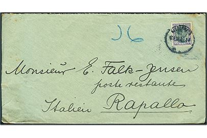 40 øre Chr. X single på brev fra Kjøbenhavn d. 6.8.1922 til poste restante i Rapallo, Italien. Kuvert og stempel lidt nusset.