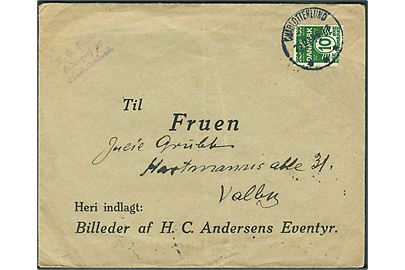 10 øre Bølgelinie på fortrykt kuvert Til Fruen / Heri indlagt: Billeder af H. C. Andersens Eventyr sendt lokalt fra Charlottenlund d. 25.11.1925 til Valby. Uden indhold.