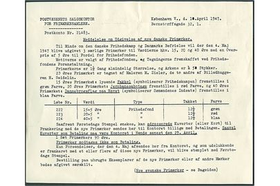 Frihedsfonden. Skrivelse fra Postvæsenets Salgskontor for Frimærkesamlere i København d. 10.4.1947 vedr. udgivelse af Frihedsfonden velgørenheds udg. d. 4.5.1947.