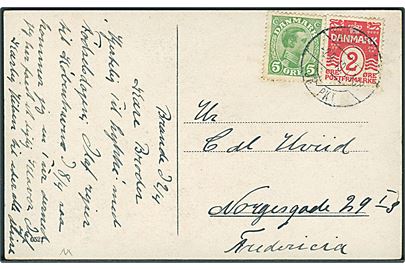 2 øre Bølgelinie og 5 øre Chr. X på brevkort fra Brande annulleret med reserve bureaustempel Nørrejyllands JB.PKT. T.188 d. 2.4.1919 til Fredericia. Reservestempel (R3/R4) benyttet på strækningen Vejle-Herning.