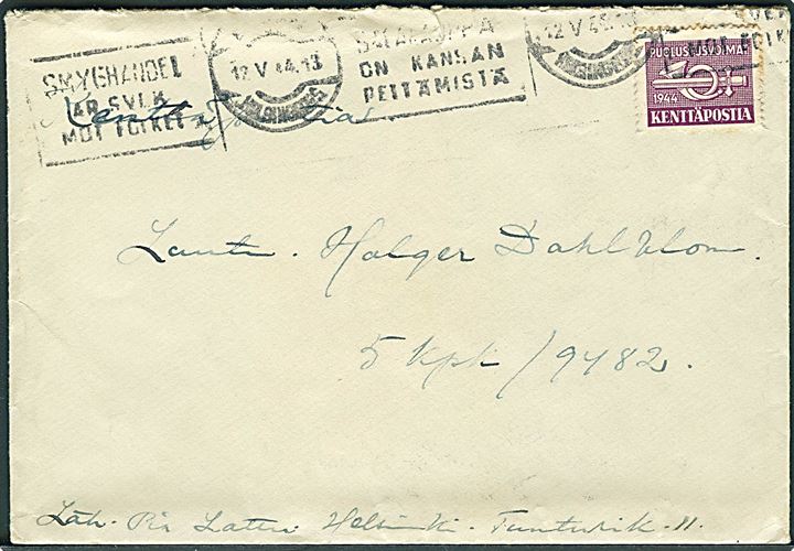 Violet feltpostmærke 1944 udg. på brev fra Helsinki d. 20.5.1944 til feltpostadresse: KpK 5/9482 = PM.Valv.Os.VI AK:n alatsto.
