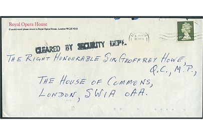 18d Elizabeth på brev fra Royal Opra House stemplet Kensington d. 30.4.1987 til Sir Geoffrey Howe, House of Commons, London. Sort liniestempel: Cleared by Security Dept.. Anti IRA-terror kontrol at post til britisk udenrigsminister.