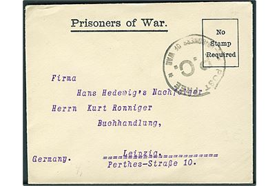 Ufrankeret fortrykt krigsfangebrev fra tysk fange under 1. verdenskrig i Handforth Detention Camp, England til Leipzig, Tyskland. Sort stempel: Post Free / P.C. / * Prisoners of War *