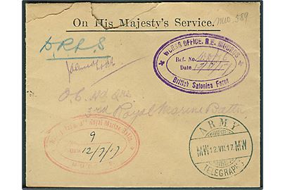 Ufrankeret OHMS kuvert sendt som kurérpost og mærket DRLS med stempel Army Telegraphs MW - MW d. 12.7.1917. Fra Works Office R.E. Murdos * British Salonica Force til 3rd Royal Marine Battn med ank.stempel.