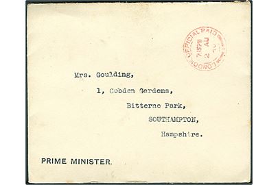 Ufrankeret fortrykt kuvert fra Prime Minister, 10 Downing Street, Whitehall stemplet London Official Paid d. 2.8.1940 til Southampton. Kuvert fra Winston Churchill, som var britisk permierminister fra 10.5.1940-27.7.1945.