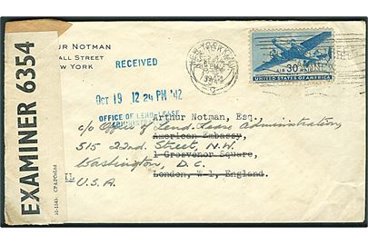 30 cents Transport på luftpostbrev fra New York 1942 til American Embassy, London, England - eftersendt til Office of Lend - Lease Administration i Washington DC. Åbnet af britisk censur PC90/6354.