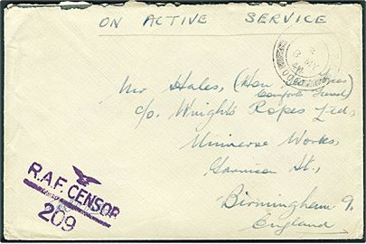 Ufrankeret feltpostbrev stemplet Royal Air Force P.O. 004 d. 8.5.1944 (= Azoerne) til Birmingham, England. RAF censor no. 209.