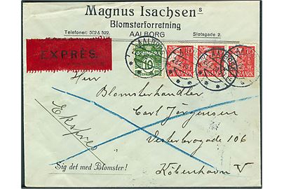 10 øre Bølgelinie og 15 øre Karavel i 3-stribe på 55 øre frankeret ekspresbrev fra Aalborg d. 22.2.1928 til København.