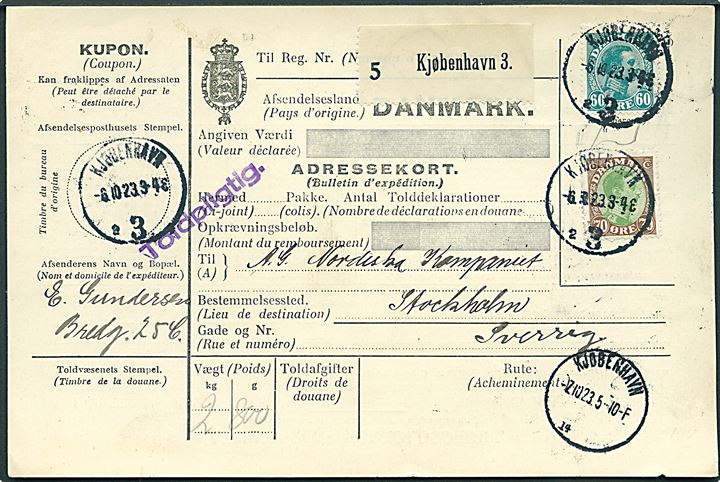 60 øre og 70 øre Chr. X på internationalt adressekort for pakke fra Kjøbenhavn d. 6.10.1923 til Stockholm, Sverige.