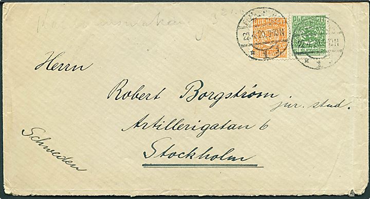 5 pfg. og 25 pfg. Fælles udg. på brev fra Flensburg d. 22.4.1920 til Stockholm, Sverige.