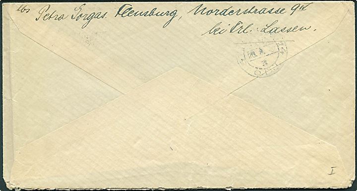 5 pfg. og 25 pfg. Fælles udg. på brev fra Flensburg d. 22.4.1920 til Stockholm, Sverige.